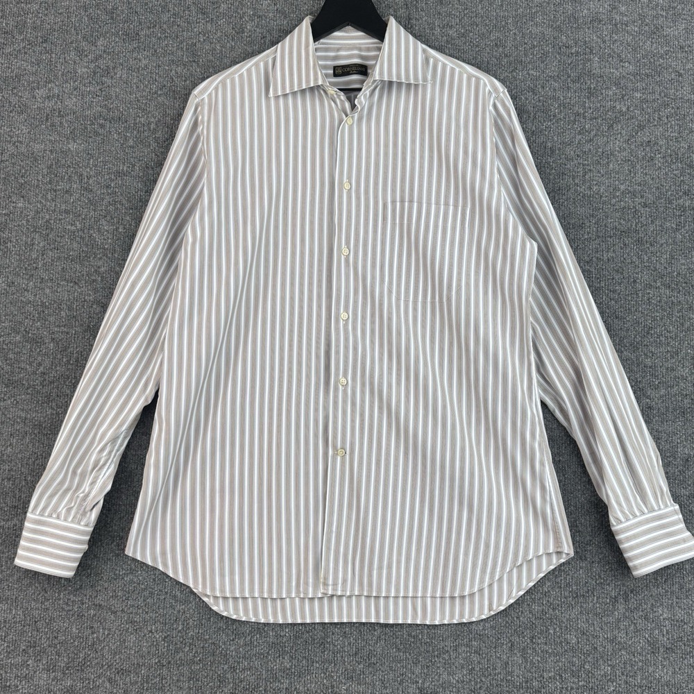 Corneliani Button Up Dress Shirt Mens 16 41 Brown Stripe Italy Made Long Sleeve